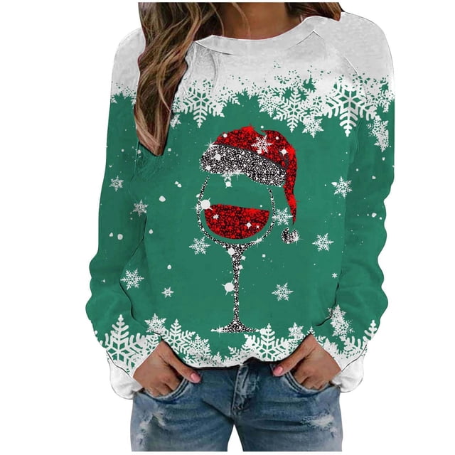 Fgnfyis Chandails en Molleton de Sport Décontractés à Manches Longues Raglan Col Rond Imprimé Flocon de Neige Rouge de Noël pour Femmes Doublé Vert TG