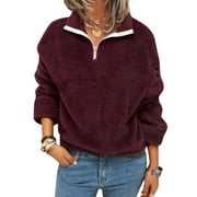 ZXZY Women Solid Color Zipper Lapel Collar Long Sleeves Sweatshirt