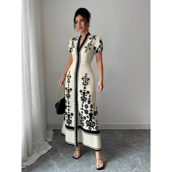 Apricot Women Slim-Fit Printed V-Neck Maxi Dress With Short Sleeves And Floral Embroidery