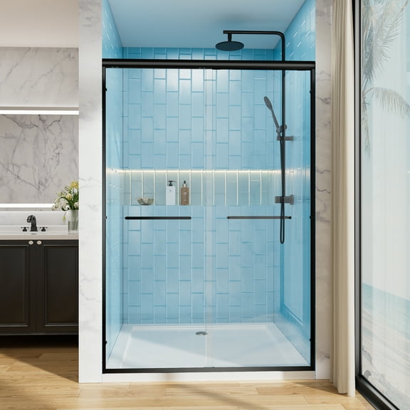 50-54" W x 72" H Double Sliding Shower Door, Aluminum Frame, Matte Black Semi-Frameless Bathroom Door