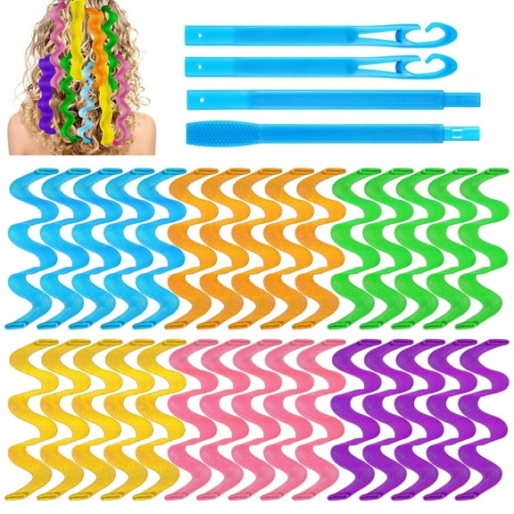 TSV 30pcs Heatless Hair Curlers, Wave Curls Styling Kit with 2pcs Styling Hooks, Spiral Hair Rollers, 11.8"