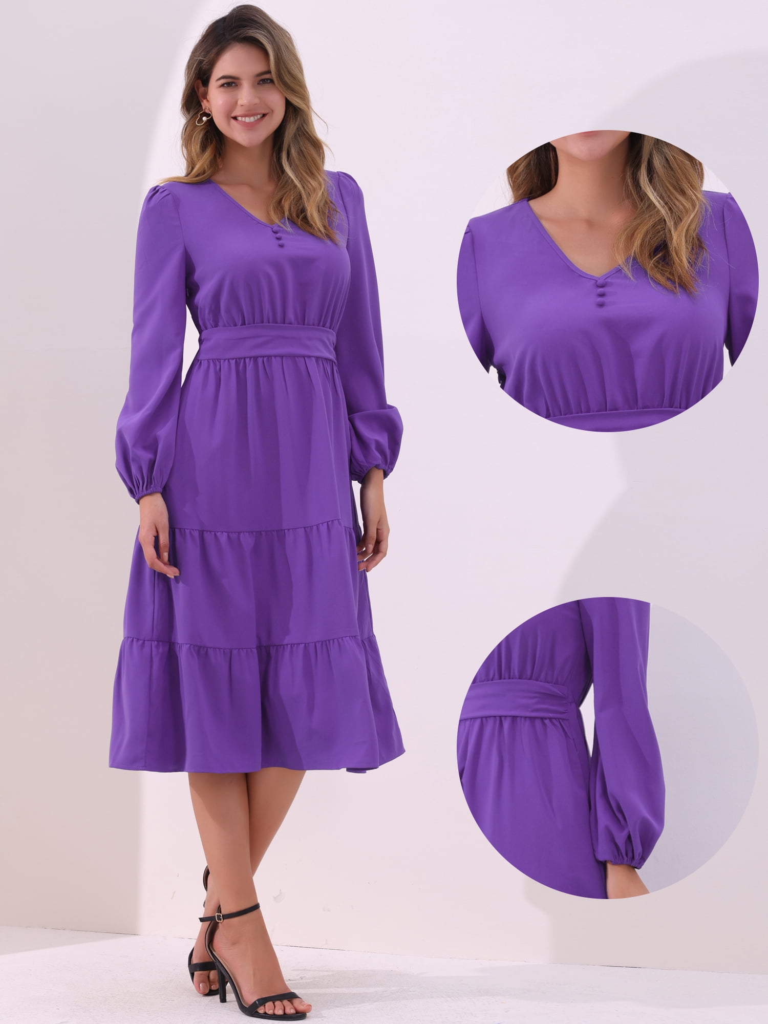 DARING DIVA V Neck Long Sleeve Ruffle Flowy Midi Dress S Purple