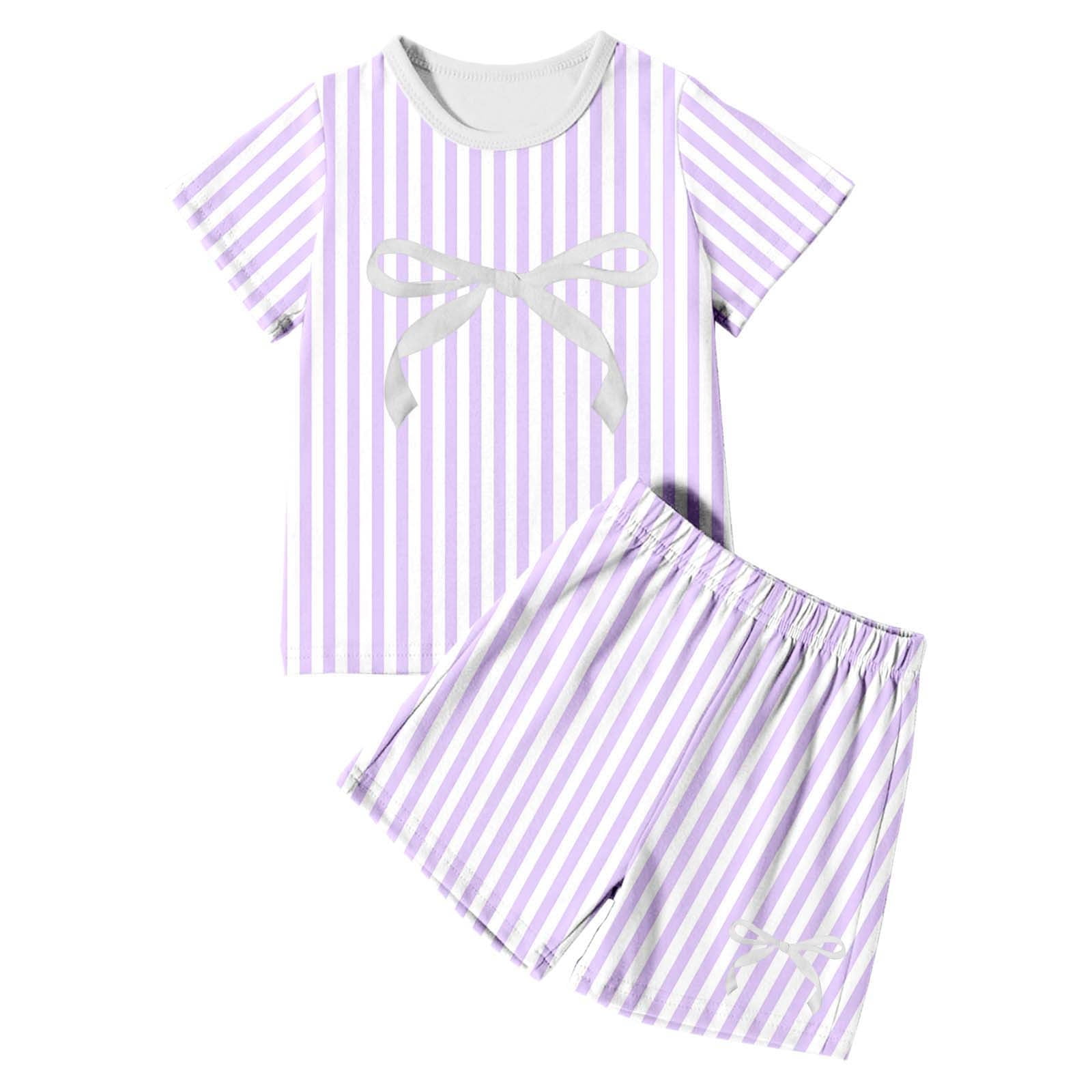 REDARER Girls Striped Pajama Set Korean Style Short Sleeve Bow Print Two-Piece Outfit for Daily & Outdoor Wear 6-7 Years