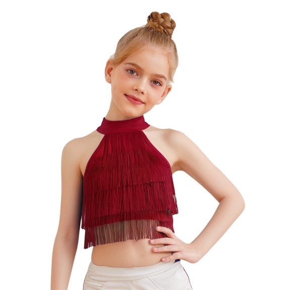 Miutii Kids Girls Halter Tassel Modern Latin Ballet Dance Crop Tops Sleeveless Layered Fringe Vest Ballroom Shirts Burgundy 14