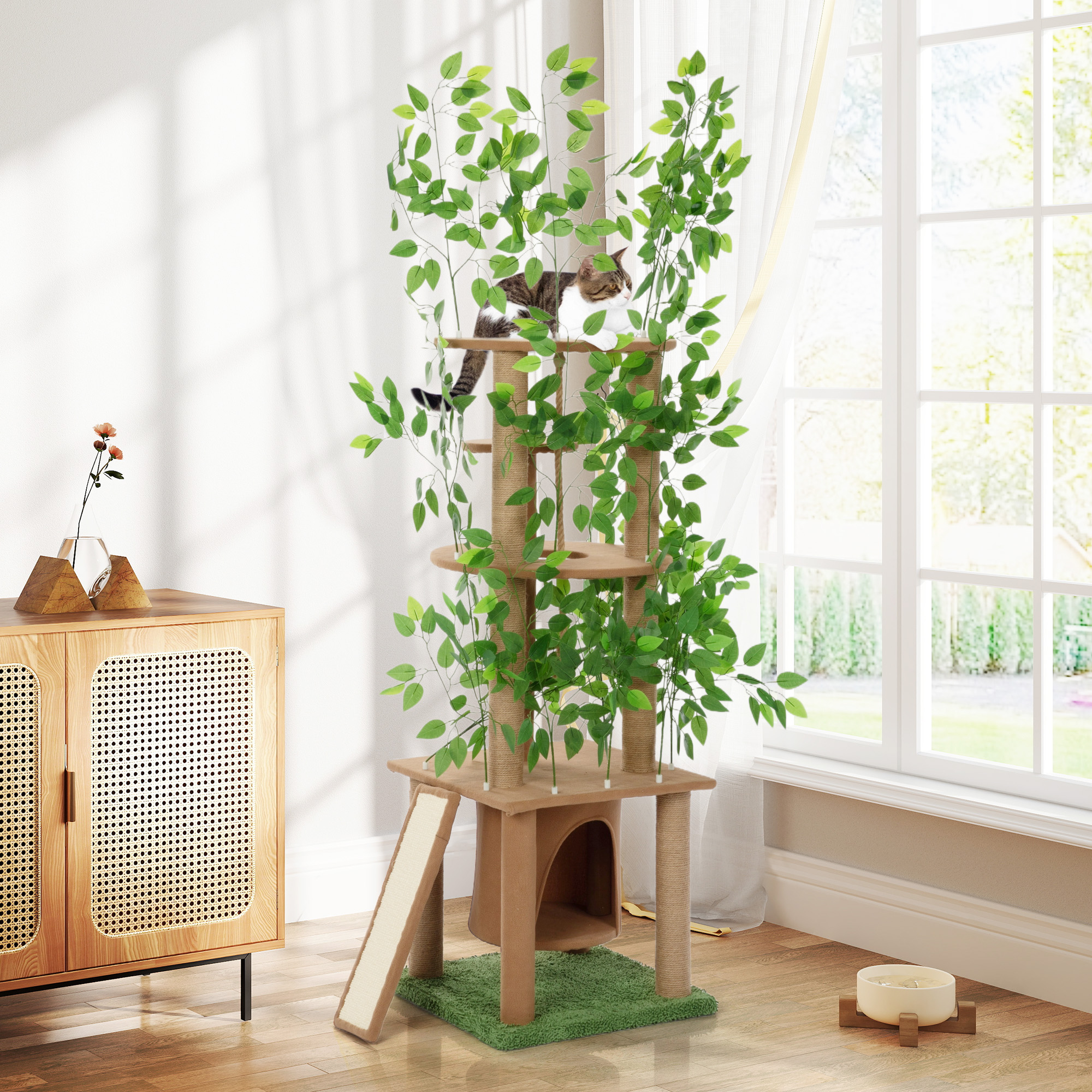 COZIWOW Cat Tree with Leaves 5-Tier Cat Tower and Cat Condo Scratchers Cat House Indoor Home Decor, Brown