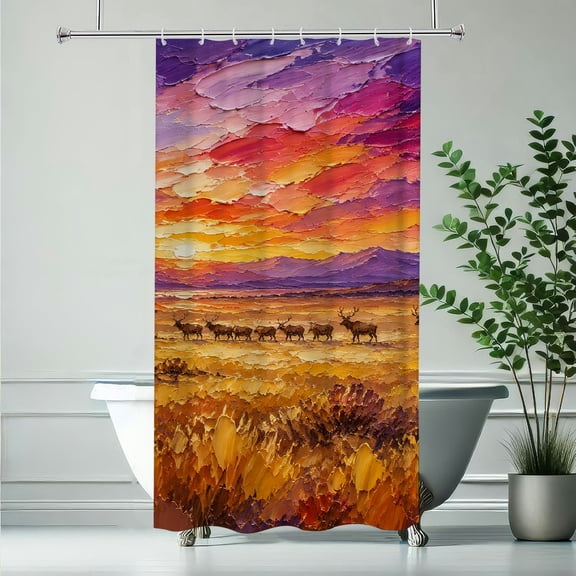 RKSupls Sunset Elk Herd Prairie Polyester Shower Curtain with Hooks for Chic Elegant Waterproof Shower Curtain Home Bathtub Bathroom Decor Washable