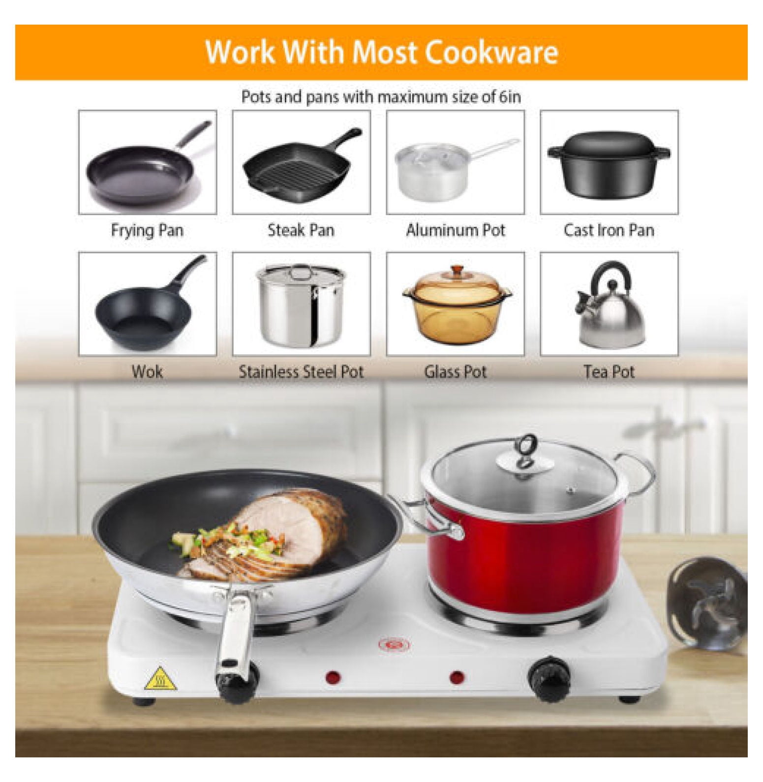 2000W Portable Cooktop Dual Burner Cast Iron Electric Stove for Kitchen Cooking