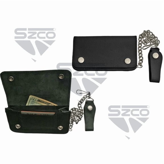 SZCO 6.5" Black Top Grain Bi-Fold Biker Wallet with Chain and Belt Clip – Durable Men’s Wallet
