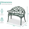 thumbnail image 3 of PurelyGoods 38.5" Patio Park Garden Outdoor Metal Rose Bench,Cast Iron Cast Aluminium Frame Antique Finish Chair,Accented Lawn Front Porch Path Yard Decor Deck Furniture for 2 Person Seat（Green&Black, 3 of 16