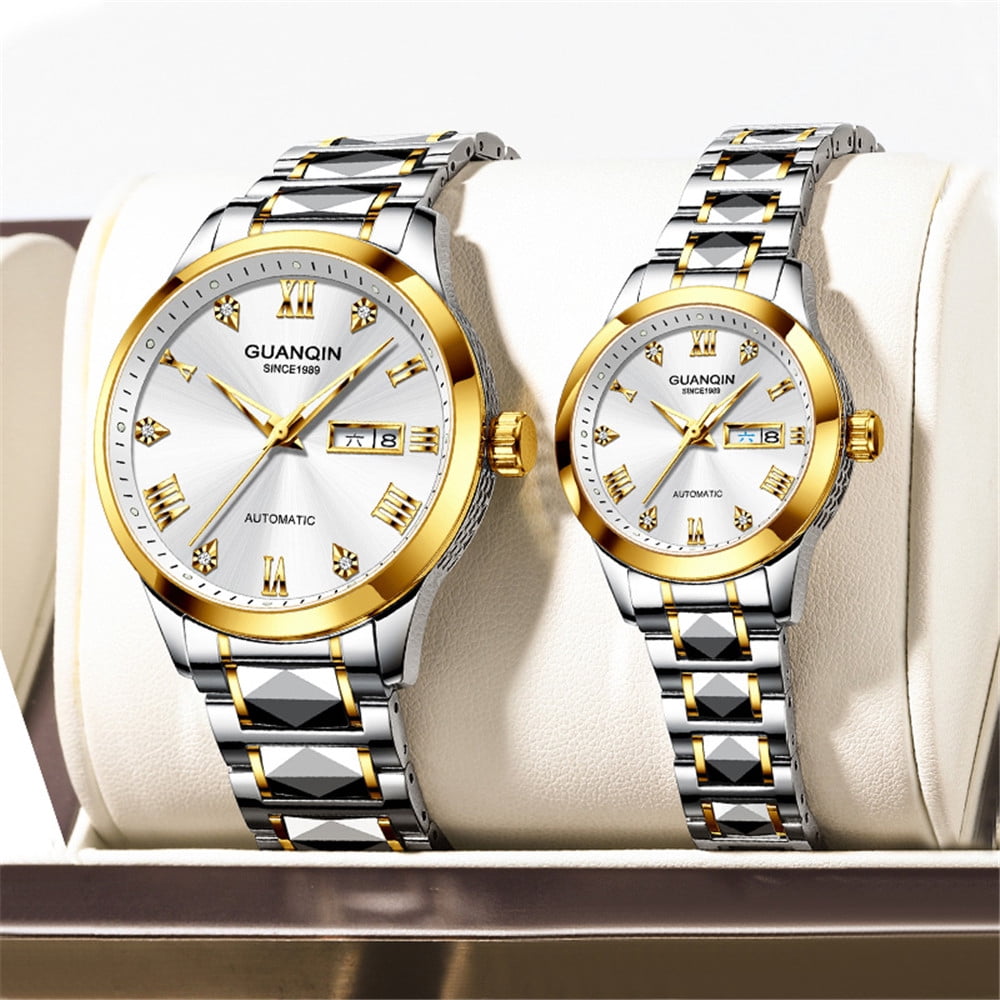 GUANQIN Women Men Couple Lovers Day Date Vintage Wristwatch Analog Japanese MIYOTA Automatic Self-Winding Mechanical Sapphire Crystal Wrist Watch Stainless Steel Luminous Waterproof Business Clock