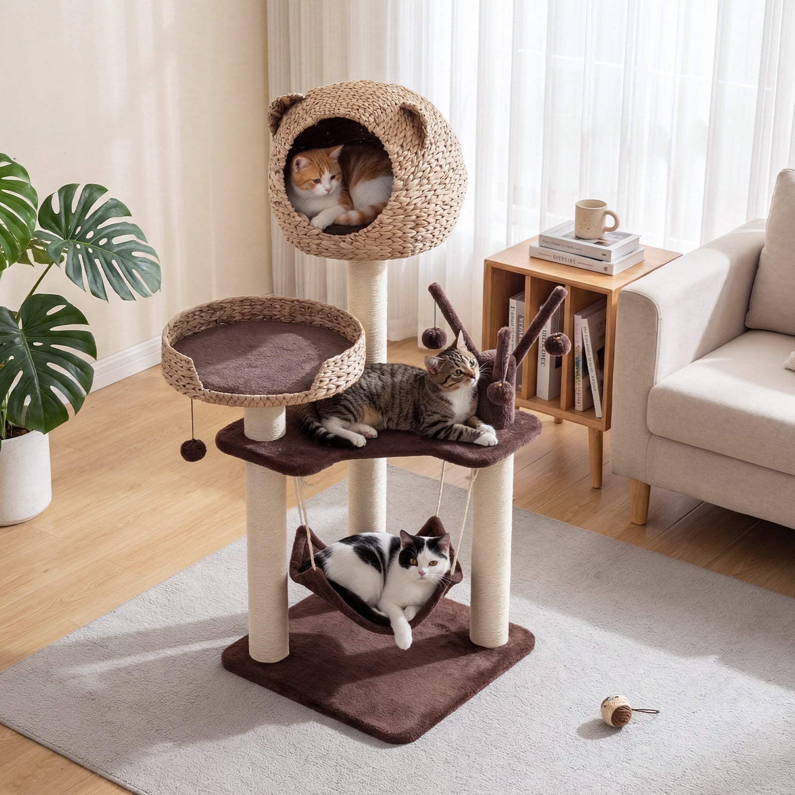 Costway Modern Cat Tree Tower with Natural Sisal Scratching Posts Hammock Balls for Kittens Brown