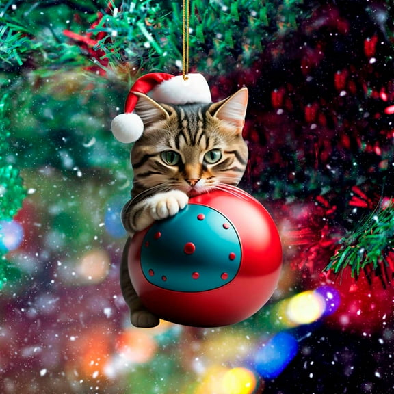2PCS Christmas Cat Ornaments, 3.14" Plastic Shatterproof Christmas Ornaments, Cute Cats Hanging Ornaments with Hat & Ball, Funny Xmas Pendants for Home Window Door Xmas Tree Outdoor
