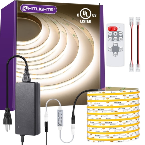 HitLights White COB LED Strip Lights Kit 4000K, Dimmable Tape Light with Remote 12V Power Supply, 2640 LEDs, 426 lm/ft, CRI 90+, UL Listed, Premium L