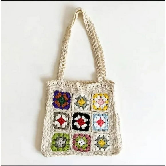 Women Boho Woven Tote Summer Beach Handbag Floral Handmade Weaving Shoulder Bags Hand Crochet Bag Flower Stitching Shopper Bag Apricot