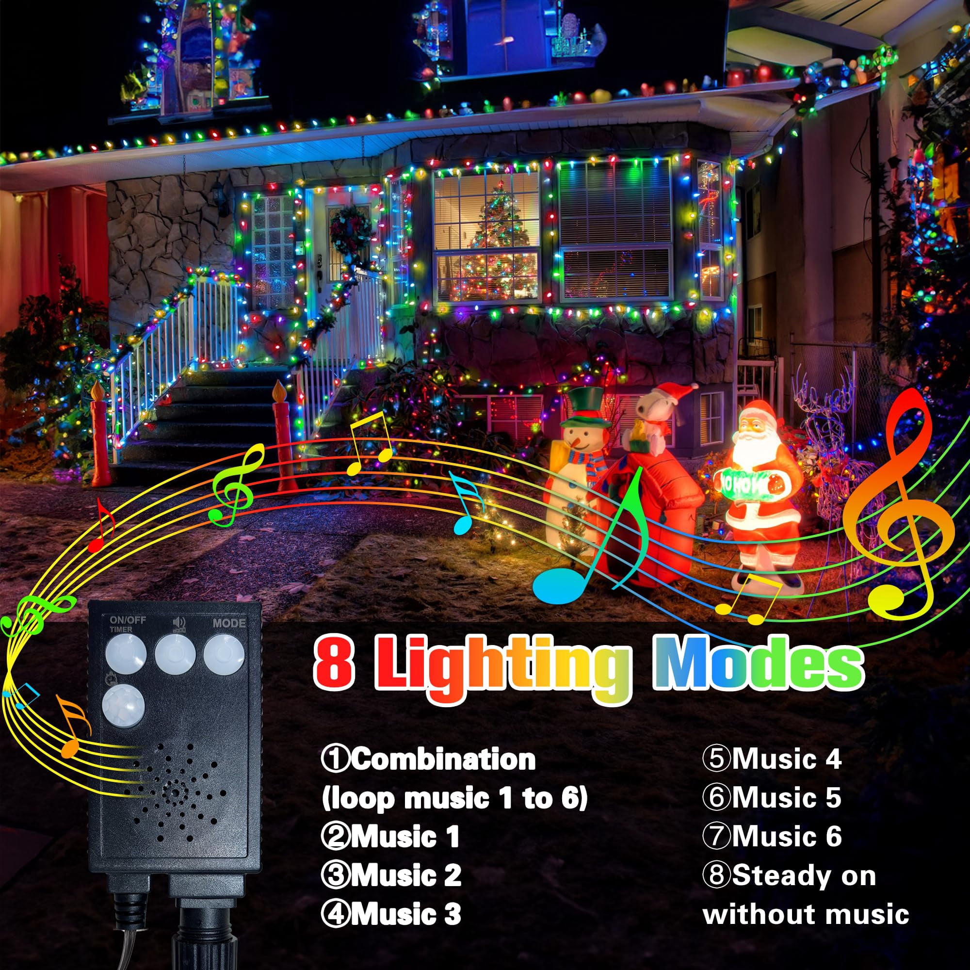 Christmas Lights Outdoor, 82ft 200 LED Christmas String Lights with Music, Plug in Motion Sensor Waterproof Holiday String Light for Indoor Outdoor Home Party Tree Yard Decor