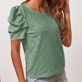 thumbnail image 4 of Camiseta con cuello redondo para mujer, manga corta abombada, Jacquard hueco, Color puro, holgada, camiseta de verano, verde, M, 4 of 7