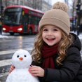 thumbnail image 7 of Cethrio Girls Pom Pom Beanie Hats, Warm Ribbed Knit Outdoor Soft Winter Hats Beige Size 2-12 Years, 7 of 7