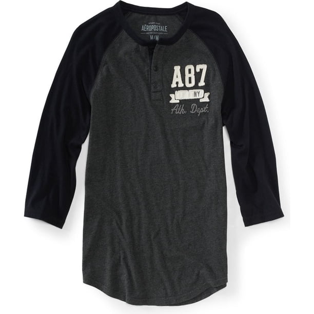 Camiseta de béisbol Aeropostale Hombre Henley Negro Mediana