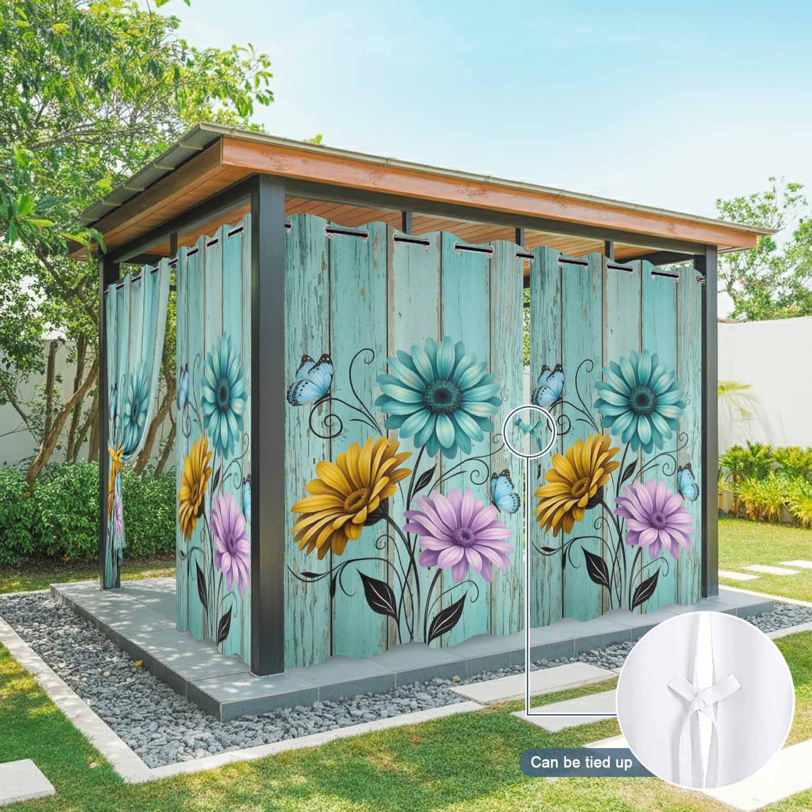 Vintage Flower Outdoor Curtains for Patio, Yellow Purple Daisy Blue Butterfly Green Wood Grain Sunshade Privacy Drapes Grommet Waterproof Outside Curtains for Porch/Cabana/Balcony 54"x 108", 1 Panel