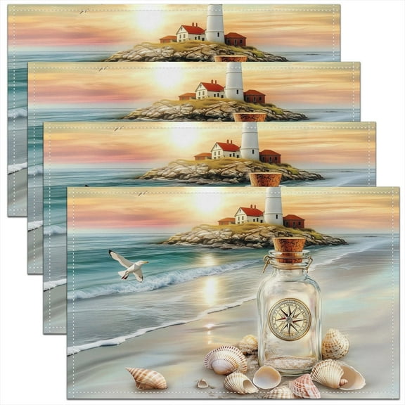 Erosebridal Coastal Seashell Place Mats Set of 4 for in Door Dinning, Marine Lighthouse Table Place Mats for in Door Dining, Romantic Sunset Decor