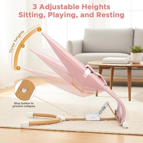 3 in 1 Baby Bouncer (Sit, Play & Relax),3 Recline Positions,Foldable Baby Rocker Chair W/ Removable Wooden Bar for 0-12 Months Infant & Toddler,Pink