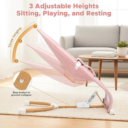 PRVAETU Foldable Baby Bouncer Chair, Portable Infant Bouncer Seat 0-12 Months with 3 Adjustable Positions, Removable Wooden Toy Bar, Safe Rocker for Babies