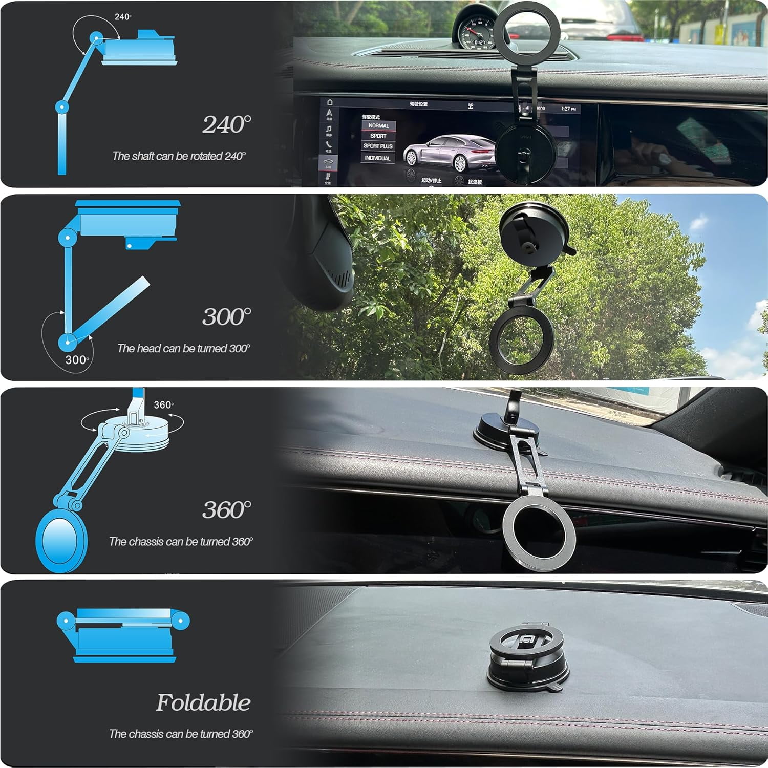 FHDFHD for MagSafe Car Mount Magnetic Phone Holder 360°Rotation Suction Cup Phone Mount for Car Foldable Adjustable Stable Cradle Compatible with iPhone 17/16/15/14/13/12 Series Android