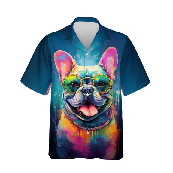 Hippie French Bulldog Portrait oil painting Watercolor Tie-dye Vintage Hawaiian Shirt Breathable Summer Unisex Merch Dog Lover Gifts - 00015