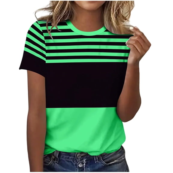 Atogsazn Womens Summer Striped T-shirt Dressy Casual Short Sleeve Tshirt Loose Fit Crew Neck Tops Outfit 01-Army Green L Fashion