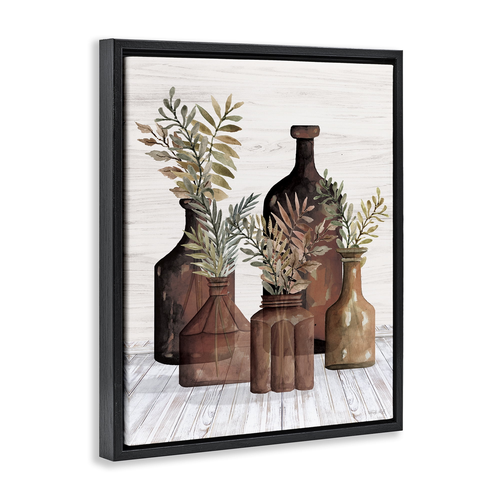 Stupell Industries Brown Pottery Botanicals Plants & Flowers Painting Black Floater Framed Canvas Art Print Wall Art, 17 x 21