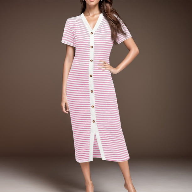 WILLBEST Vestidos Casuales Para Mujer Con Curvas Vestidos Casuales De Verano Para Mujer Vestidos Midi De Rayas De Manga Corta Vestidos De Punto Acanalado Con Botones Decorativos Vestidos De Fiesta