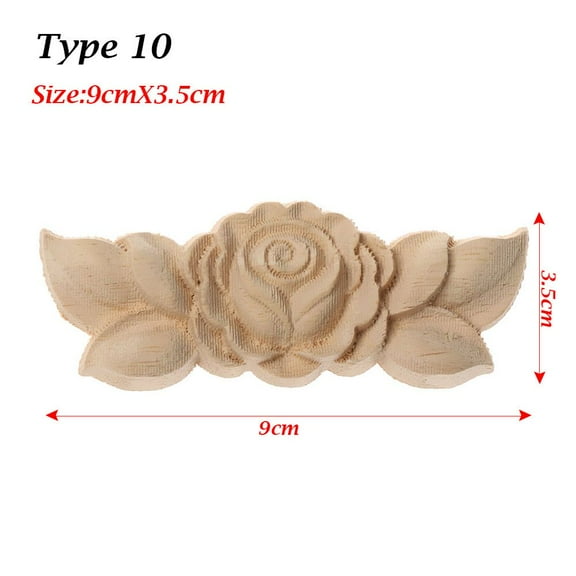 Natural Home Decoration Furniture Ornament Wooden Crafts Woodcarving Rose Flower Floral Carved Corner Appliques TYPE 10(9CMX3.5CM)