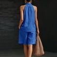 thumbnail image 6 of Linen Short Sets for Women 2 Piece Outfits V Neck Halter Tank Tops Knee Length Bermuda Shorts Beach Loungewear Set,Blue M, 6 of 7