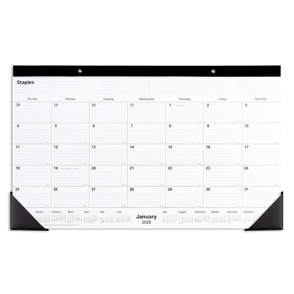 2026 Staples 18" x 11" Monthly Desk Pad Calendar White/Black (ST17392-26)