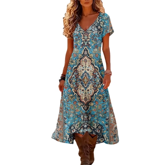 Women's Retro Floral Print V Neck Short Sleeve Midi Dress Loose Fit Flowy Beach Dress Comfy Summer Dress for Vacation and Casual Wear, Size S-2XL