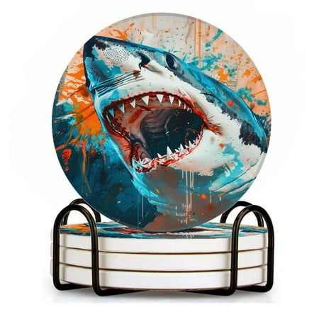 

BaHomeck Drink Coasters Set of 4 with Holder great white shark with mouth open depicted in abstract style Water Absorbent Ceramic Coasters Tabletop Protection Suitable for Various Cup Home Decor
