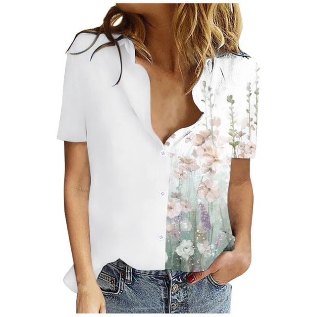 Birdeem T-Shirt Décontracté pour Femmes Imprimé Col Rabattu Bouton Manches Courtes Ample Chandail Blouse Tops