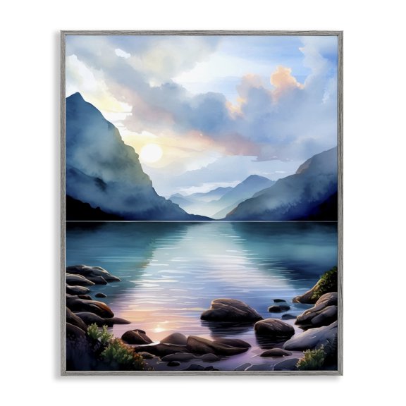 Stupell Industries Rocky Mountain Beach Landscape Painting Gray Framed Art Print Wall Art, 24 x 30