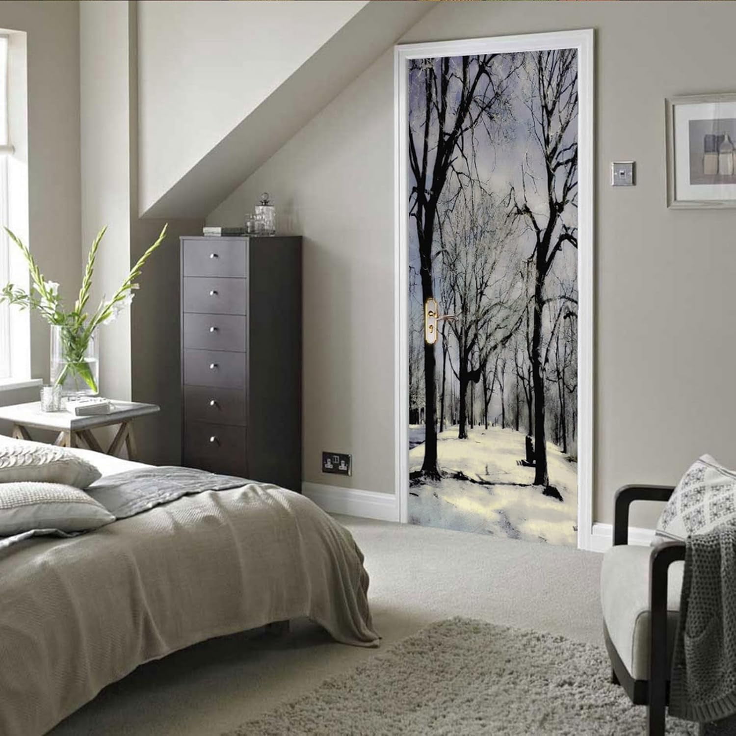 3D Door Stickers for Interior Doors Winter Forest in Black and White Monochrome Vinyl Waterproof Self Adhesive Door Mural,SP-F875,M(44x200cmx2Pcs)