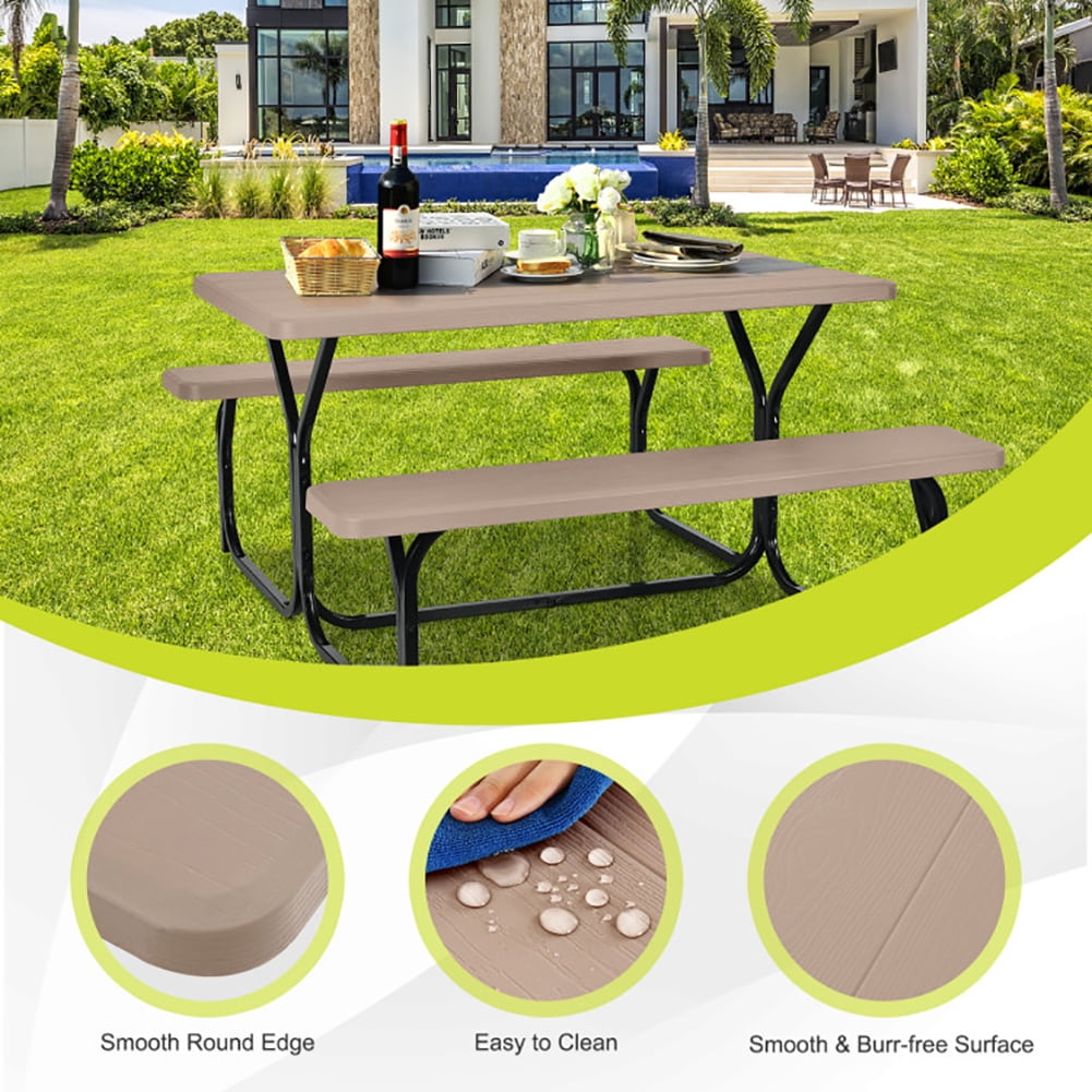 Aimee Lii HDPE Outdoor Picnic Table Bench Set with Metal Base, Outdoor Furniture Set, Coffee