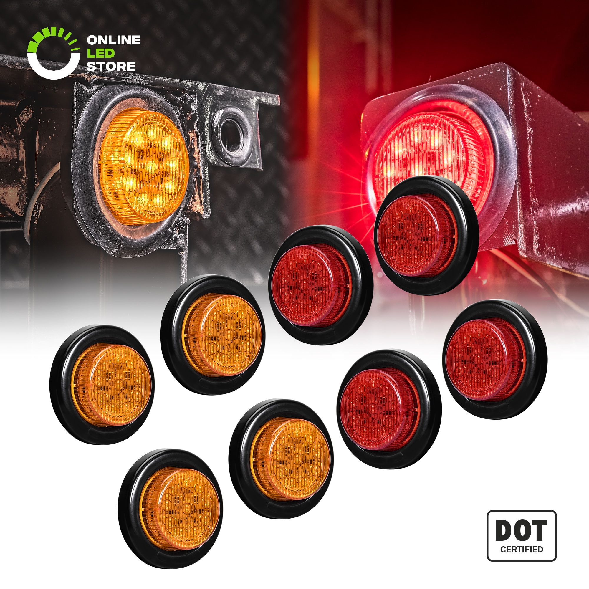 4 Red and 4 Amber 8 PC 2 Round LED Light Side Marker for Trailers 10 LEDs Rubber Grommet Polycarbonate Reflector IP 67 Two in One Reflector Light