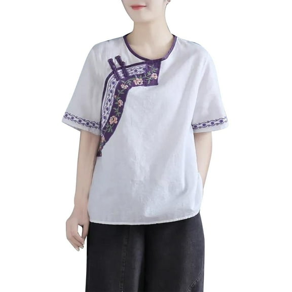 Cotton Linen T-Shirts for Women Embroidered Floral Printed Crewneck Loose Oversized Blouse Summer Trendy Plus Size T-Shirts White XL