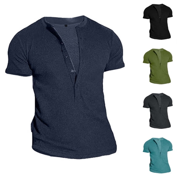 Txeol Aubaines Quotidiennes d'Aujourd'hui T-Shirts à Col en V pour Hommes T-Shirt à Manches Courtes Boutonné T-Shirt Classique d'Été Léger Coupe Ajustée T-Shirt de Plage, Bleu Foncé, L