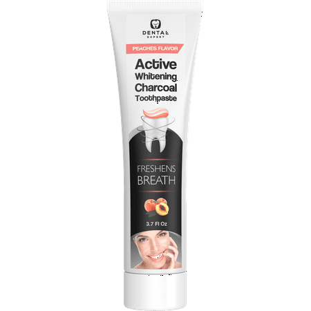 Dental Expert Activated Charcoal Teeth Whitening Toothpaste Destroys Bad Breath - Best Natural - Herbal Decay Treatment - Removes Coffee Stains - Peaches Flavor - 105g (3.70oz) [exp : (Best Toothpaste To Remove Yellow Stains)