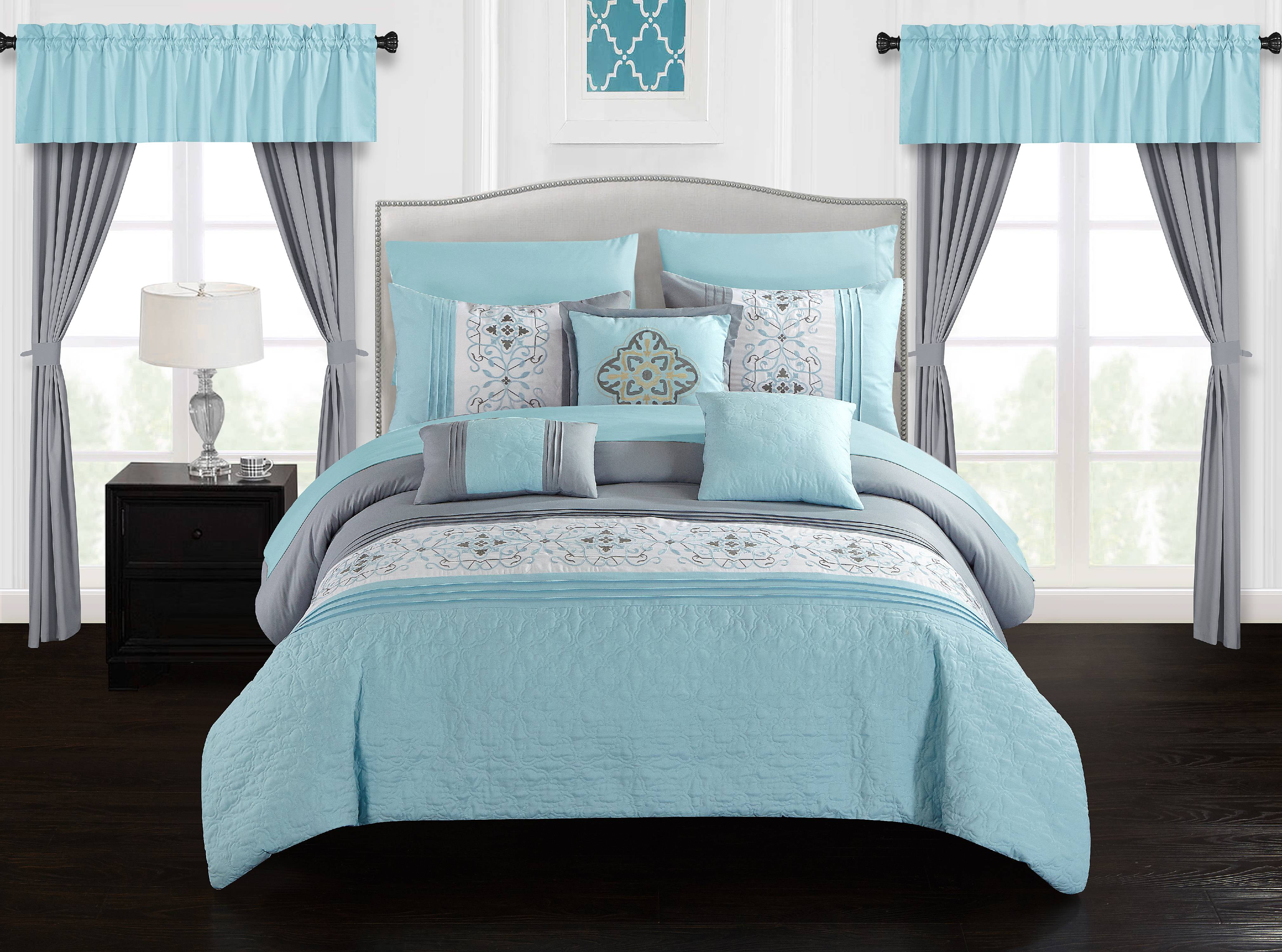 Chic Home Herta 20Piece Color Block Embroidered Comforter Set, Aqua