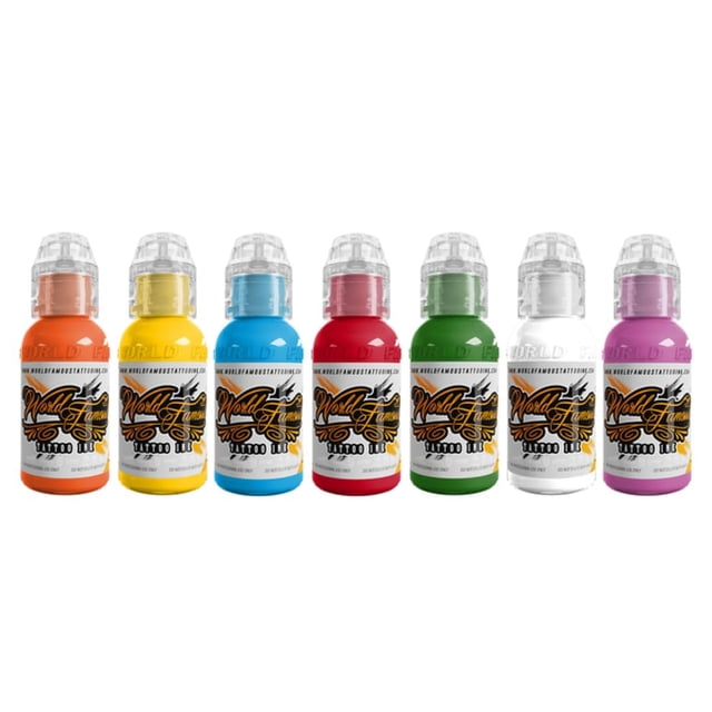 World Famous Tattoo Ink 7 Color Simple Set - Vegan, Color Tattoo Ink Set - Compact Bottles Safe for Convention Travel - Made in America - Professional Midtone Shades (7 Pieces,