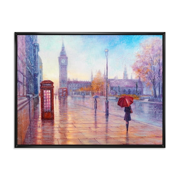 Designart 'Big Ben and Woman With Red Umbrella In London Street' French Country Framed Canvas Wall Art Print