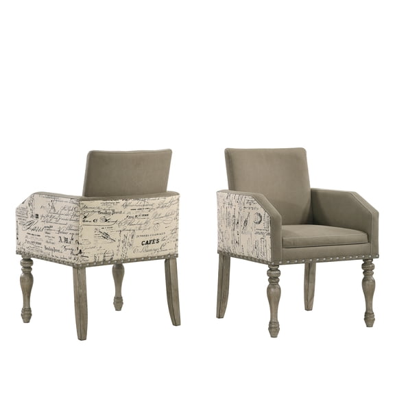 Roundhill Furniture Birmingham Script Printed Finish Dining Arm Chair with Nail Head, Set of 2, Driftwood