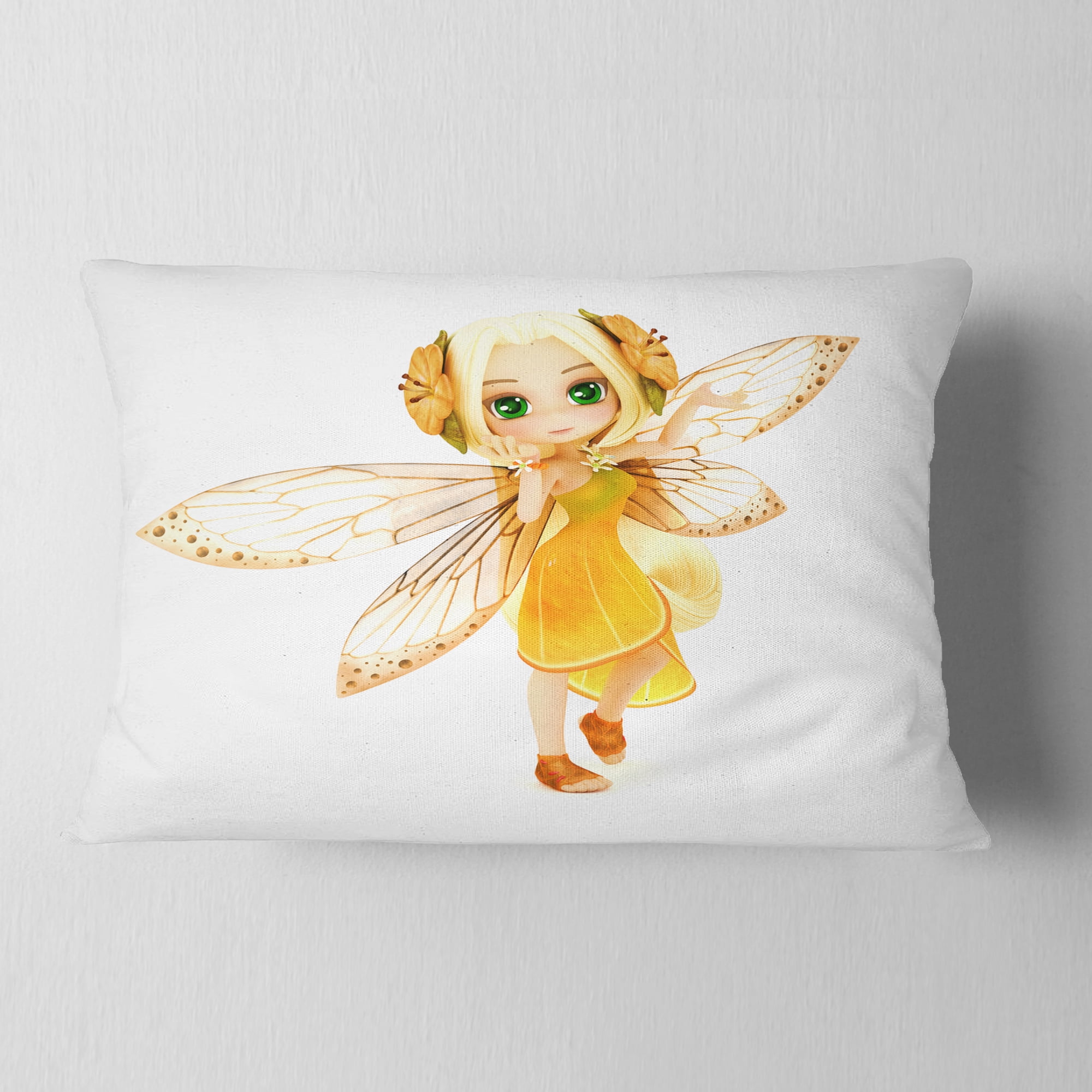 Designart Fairy Woman with Yellow Wings - Floral Painting Throw Pillow - 12x20