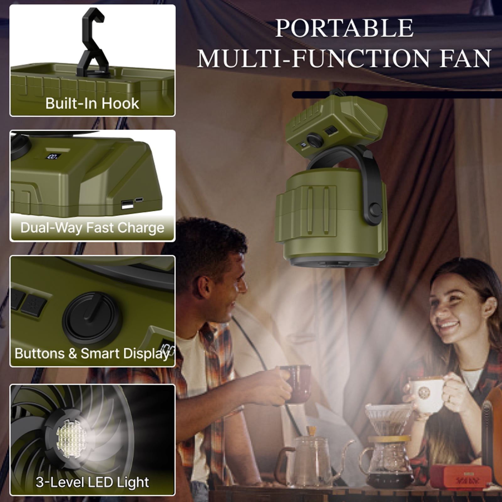 3-in-1 Camping Fan, Portable Fan Rechargeable 20000mAh Cordless Battery Powered Fan with LED Lantern, USB C Charging, LCD Display, Shaking Head, Hanging and Desk Fan for Indoors Outdoors